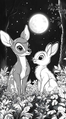 Line drawing for a childrens colouring book showing a forest scene at night Bambi the fawn and Thumper the rabbit huddle together and look frightened as it ge
