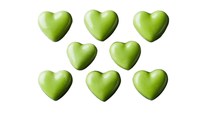 Nine green heart-shaped candies on transparent background representing love and affection