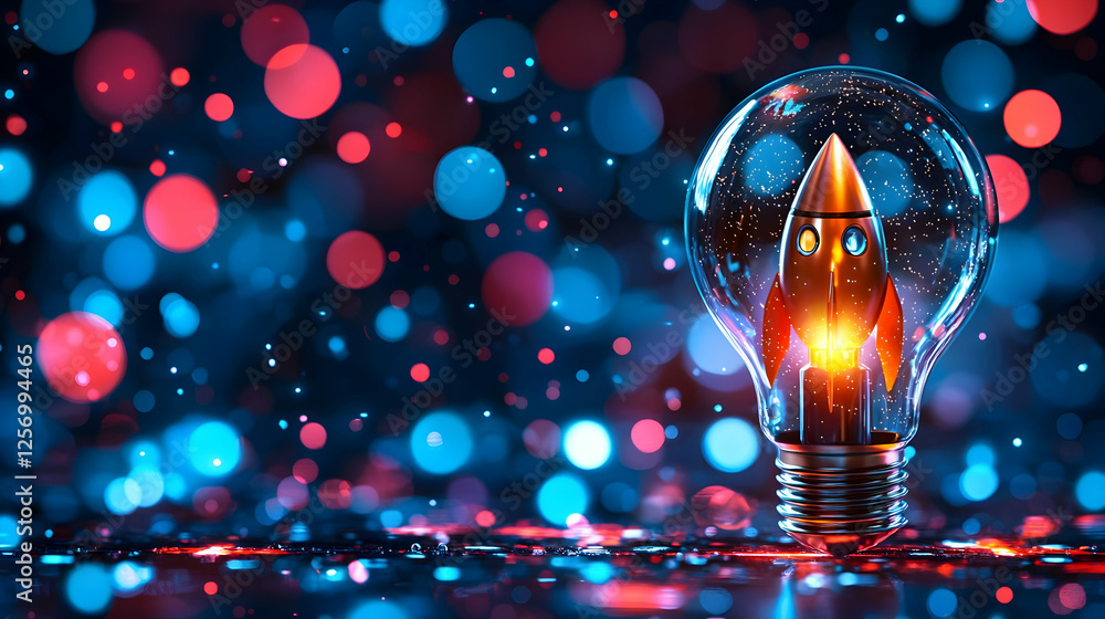 Poster rocket launching inside lightbulb, bokeh background; startup concept