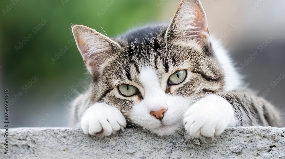 Poster Close up of a relaxed tabby cat resting its chin on a stone wall with a blurred green background : Generative AI