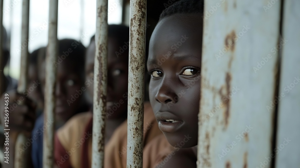 Aufkleber portrait of a young boy looking through rusty bars conveying a powerful message about hope and freed