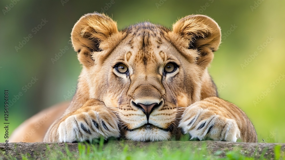 Poster Closeup of a magnificent lion cub resting with thoughtful expression in natural setting : Generative AI