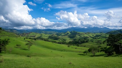 Obraz premium Lush green hills and mountains under bright blue sky filled with white fluffy clouds : Generative AI