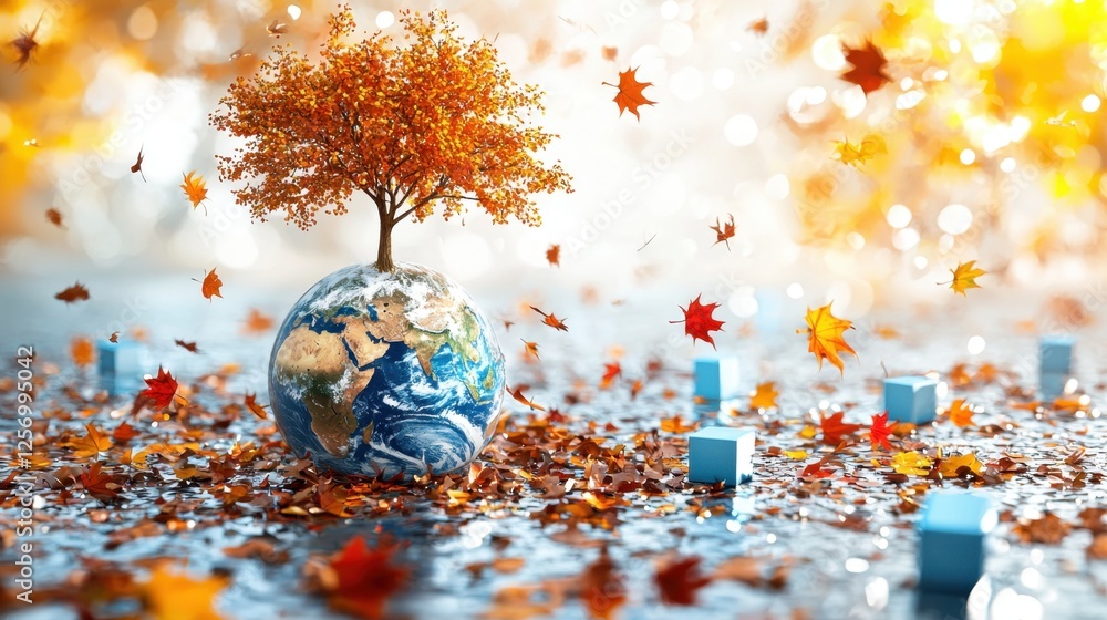 Poster a high-quality 3d earth with a tree sprouting from the top, surrounded by floating autumn leaves and