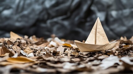 Origami paper boat placed on dried leaves creating a serene autumn scene : Generative AI