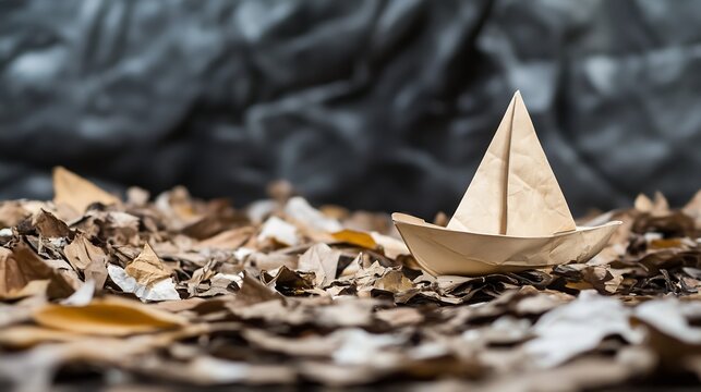 Origami paper boat placed on dried leaves creating a serene autumn scene : Generative AI