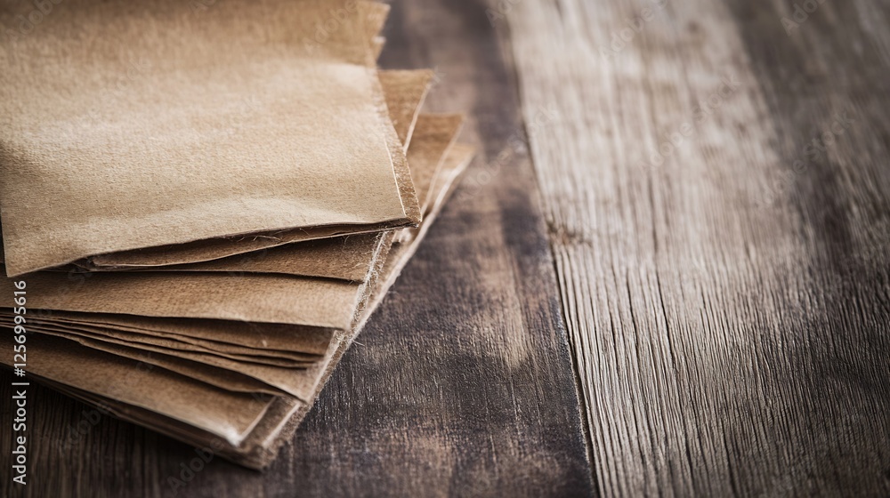 Poster Neatly Folded Sheets of Brown Craft Paper on a Rustic Wooden Surface : Generative AI