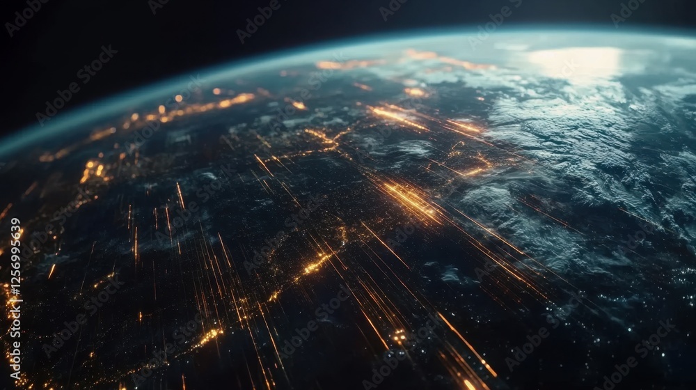 Poster a high-tech earth with pulsing network lines and glowing data points connecting the world.