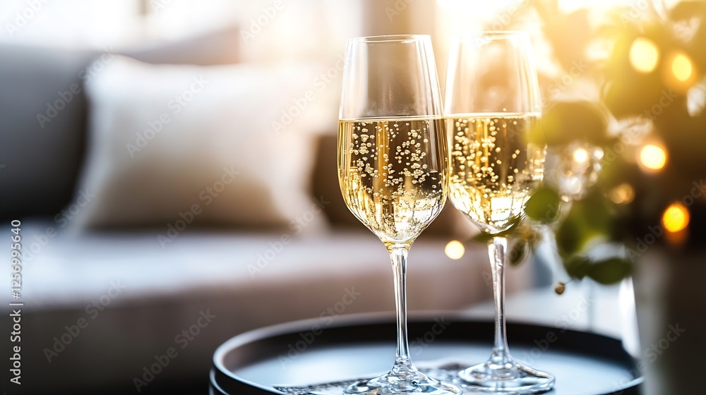 Aufkleber Two sparkling glasses of champagne on a tray in a stylish modern setting : Generative AI