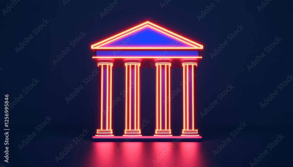 Poster a vibrant neon representation of a classical building with columns, showcasing a modern twist on tra