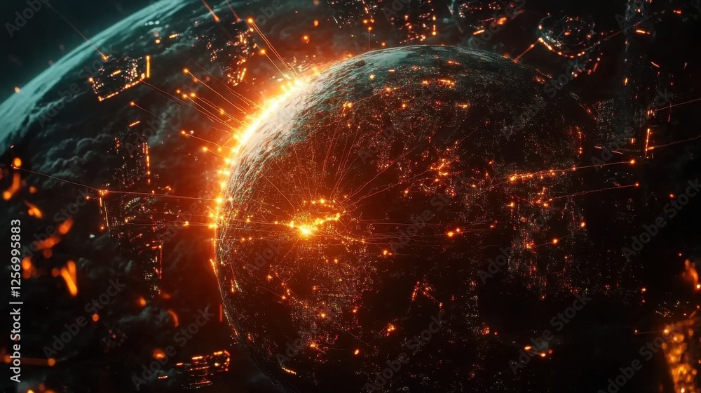 Poster a high-tech earth with pulsing network lines and glowing data points connecting the world.