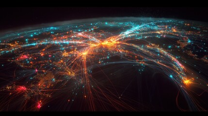 Obraz premium A high-tech global network visualization with pulsating data points and fiber optic pathways.