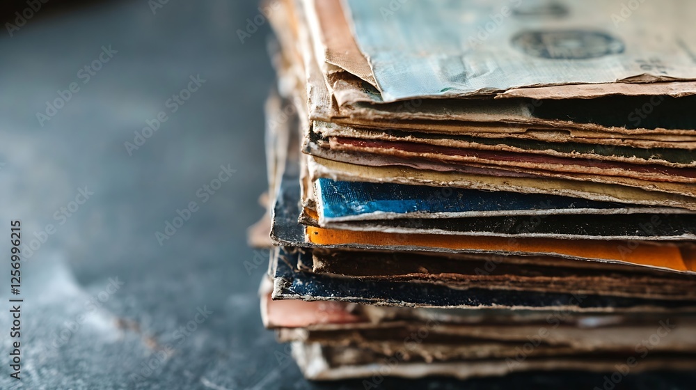 Poster Stack of old paper documents showcasing a blend of colors and textures perfect for vintage aesthetics : Generative AI