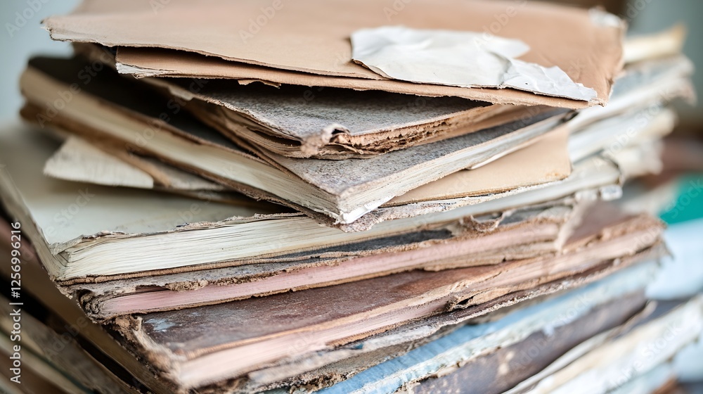 Poster detailed close up of aged and worn paper stacks showcasing their rich texture and vintage character 