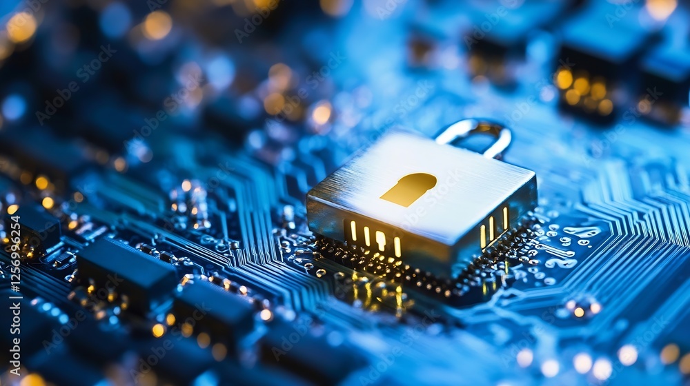 Poster Close up of a security padlock on a circuit board symbolizing technology and data protection themes : Generative AI