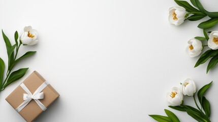 A neatly wrapped gift sits on a light background, surrounded by elegant white flowers and green leaves, creating a serene and festive atmosphere.