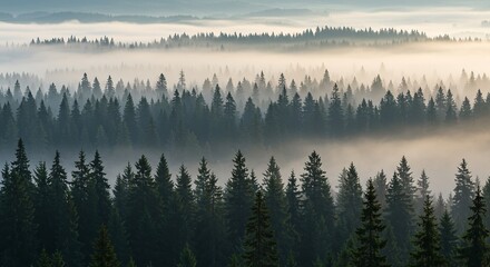 Obraz premium Misty Mountain Forest Sunrise: Serene Landscape Photography