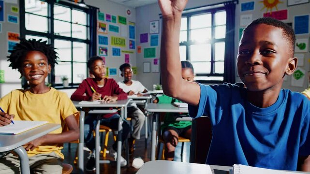 The video captures a lively classroom with children engaged in learning, featuring vibrant colors and a dynamic, low-angle camera angle.