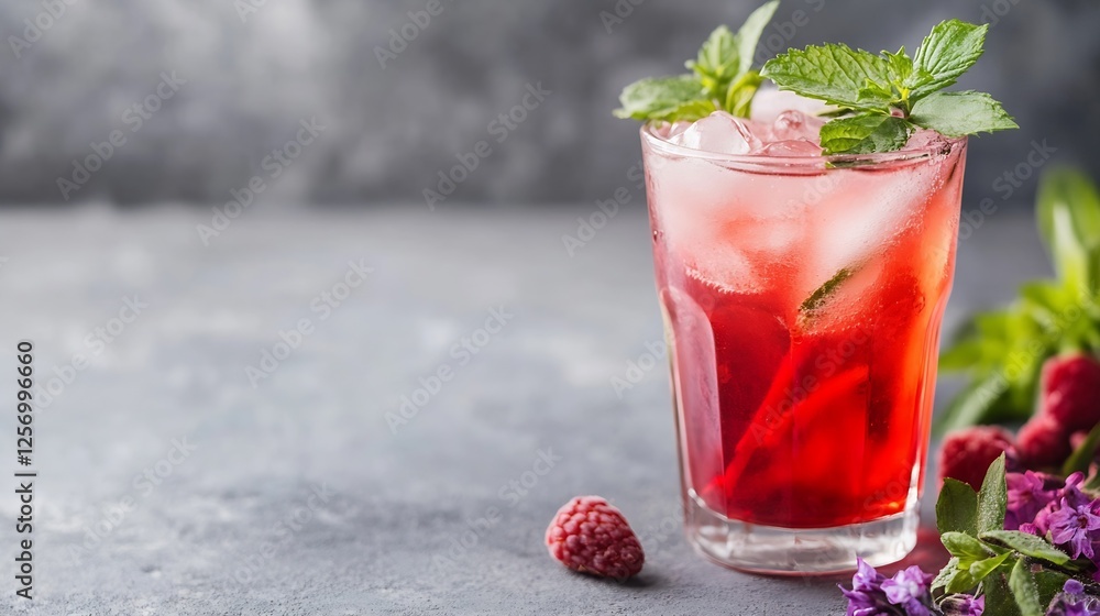 Aufkleber Refreshing Red Drink with Ice and Mint Garnish Surrounded by Fresh Berries on a Rustic Background : Generative AI