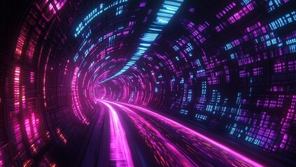 Fototapeta premium Neon Tunnel: Speeding Through a Futuristic Digital Highway, Glowing with Vibrant Pink and Blue Lights, Abstract Data Streams in Motion