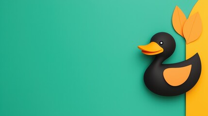 Fototapeta premium A playful black duck made from paper with vibrant orange accents, set against a bright green background, creating a cheerful and artistic vibe.