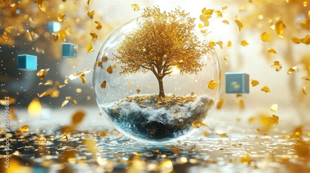 Poster a highly detailed globe with a sprouting tree, surrounded by floating golden leaves and blue cubes r