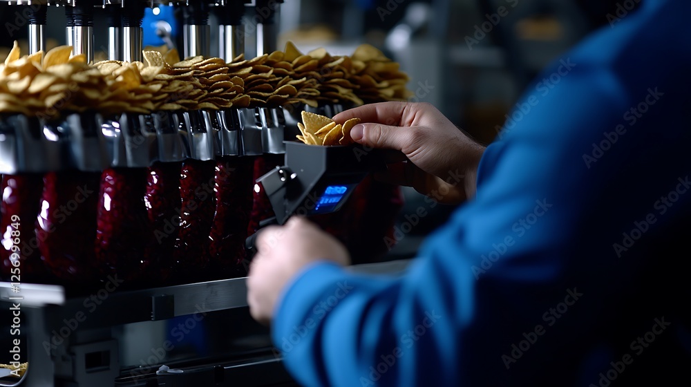 Aufkleber worker measuring potato chips in a factory setting with stacks of chips in the background
