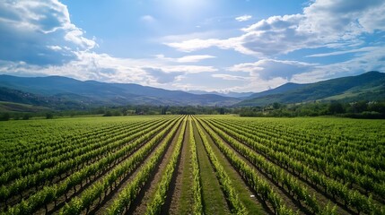 Aerial View of Lush Green Vineyard Fields Under a Bright Blue Sky with Rolling Hills in the Distance : Generative AI