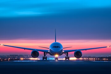 Naklejka premium An airplane landing on the runway at dusk, illuminated by bright lights and a beautiful sky in shades of blue and pink