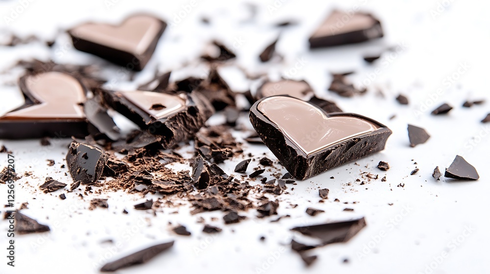 Poster delicious broken chocolate hearts scattered on a clean surface creating a tempting dessert display :
