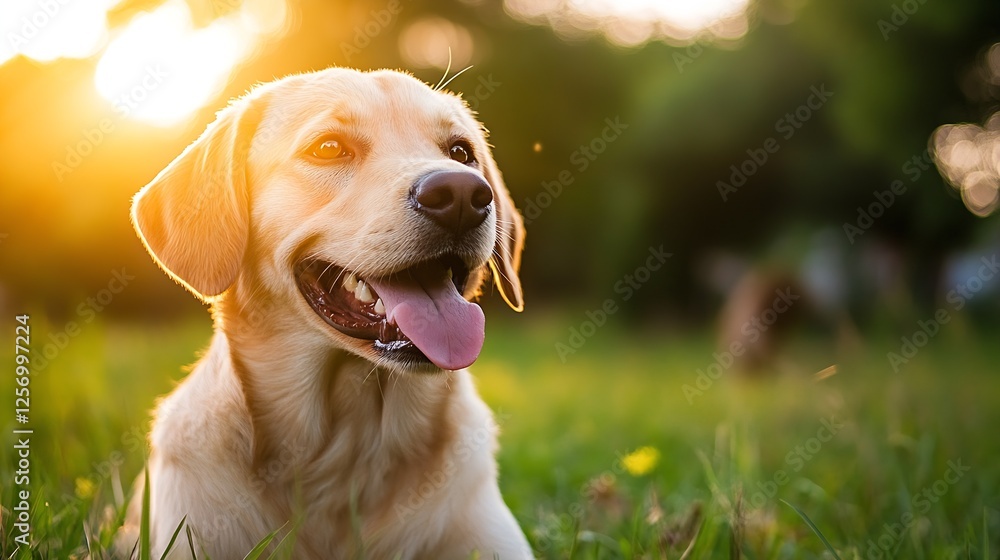 Poster Charming golden retriever enjoying a sunny day in a lush green field with a joyful expression : Generative AI