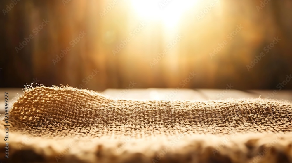 Poster textured burlap fabric gracefully draped on a wooden surface illuminated by soft sunlight : generati