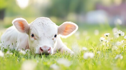 Obraz premium Adorable calf resting on lush green grass surrounded by beautiful wildflowers on a sunny day : Generative AI