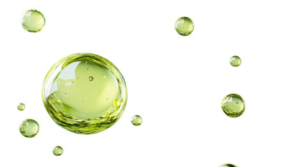 Big and small green serum bubbles floating on transparent background