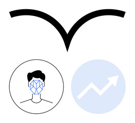 Human face with digital recognition grid, upward arrow in a blue circle, and minimalist design elements. Ideal for AI, tech growth, identity security, analytics, innovation, progress abstract line