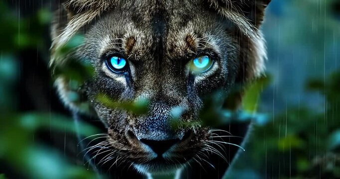 Blue-Eyed Lion in a Rainy Forest