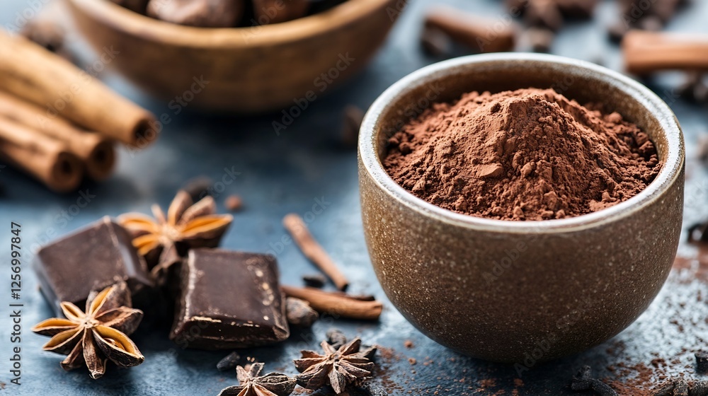 Poster Rich and aromatic cocoa powder in a rustic bowl surrounded by spices and chocolate pieces for culinary delight : Generative AI