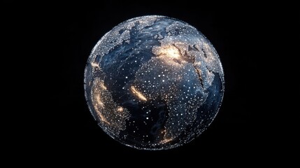 A luminous 3D Earth with interconnected white and blue dots, representing a futuristic global communications network.