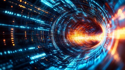 Fototapeta premium Abstract digital tunnel with vibrant blue and orange light patterns for technology backgrounds