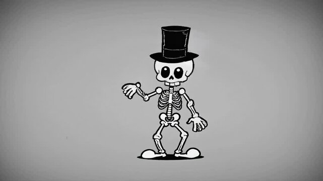 A whimsical animated video featuring a dancing skeleton in a top hat, set against a monochrome background. Shot from a frontal camera angle.
