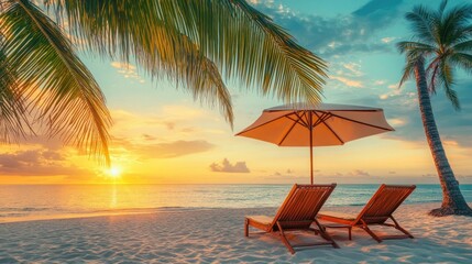 Sunset Beach with Two Loungers and Palm Trees