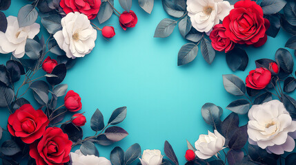 Elegant Floral Frame with Red and White Roses on a Turquoise Background
