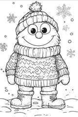 coloring book for kids thick lines simple low detail clumsy cookiemonster wearing ugly christmas sweater