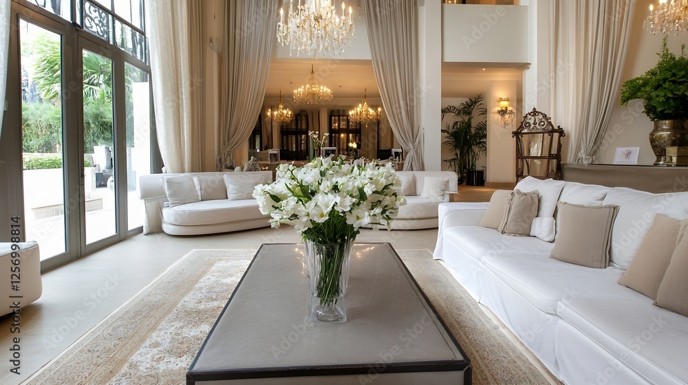 Poster luxurious living room with stylish furniture and fresh flowers creating a serene and elegant atmosph