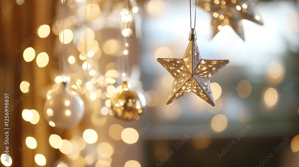 Aufkleber glowing decorative star and ornaments hanging with soft bokeh lights creating a festive atmosphere :