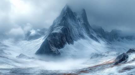 Fototapeta premium Majestic snow-covered mountain peak surrounded by fog and clouds in a serene winter landscape