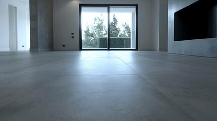 Modern home interior, large window view, tiled floor, real estate