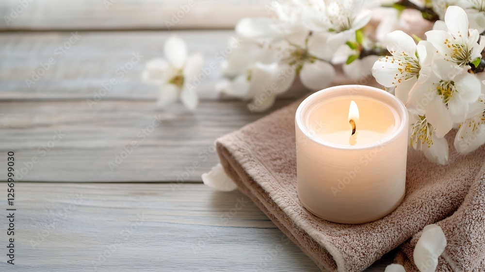 Poster serene candle glowing with soft light surrounded by delicate cherry blossoms on wooden surface : gen