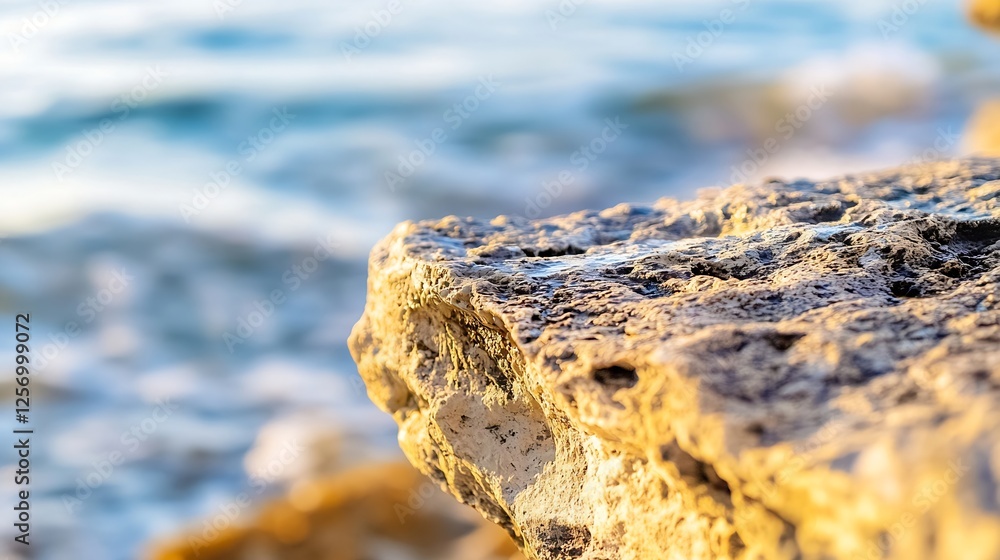 Aufkleber closeup of rugged rock formation against soft waves in the background creating a serene coastal view