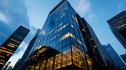 Fototapeta premium Glass Facade of a Modern Highrise Building Reflecting Dusk Sky and City Lights for Urban Aesthetic : Generative AI